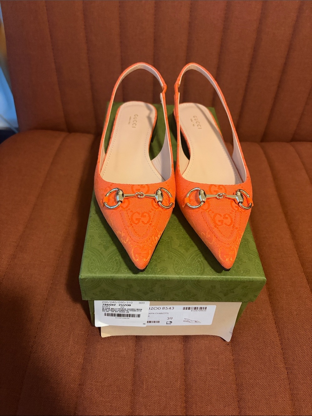 Gucci Orange Pointed-Toe Slingback Flats with Horsebit